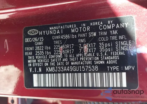 2016 Hyundai Tucson Se из США, поврежденный, VIN KM8J33A49GU157538